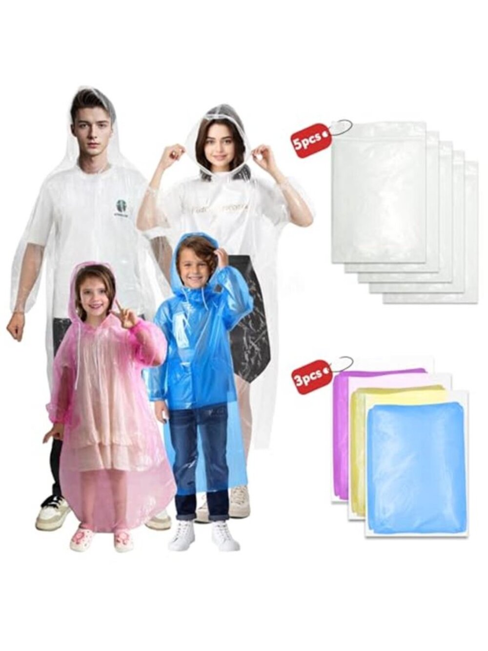 Disposable Rain Ponchos Family Pack Hooded Waterproof Emergency Camping Gear